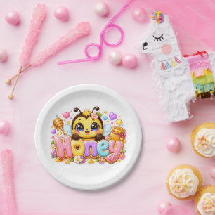 Cute Kawaii Honey Bee Name Pastel Pink Sparkling B Paper Plates