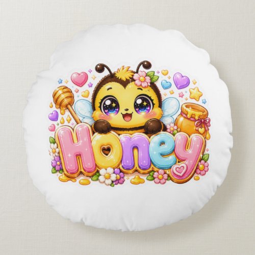 Cute Kawaii Honey Bee Name Pastel Pink Sparkling B Round Pillow
