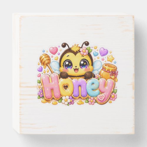 Cute Kawaii Honey Bee Name Pastel Pink Sparkling B Wooden Box Sign