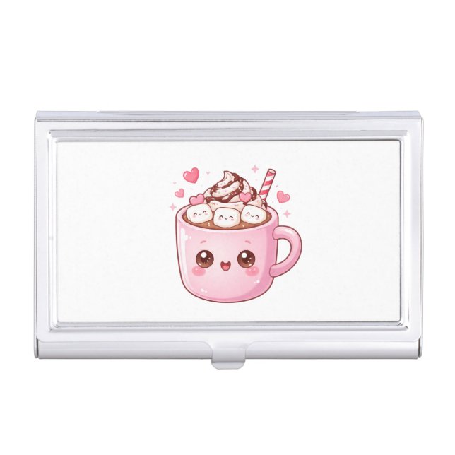 Cute Kawaii Hot Chocolate Mug with Marshmallows Business Card Case (Front)