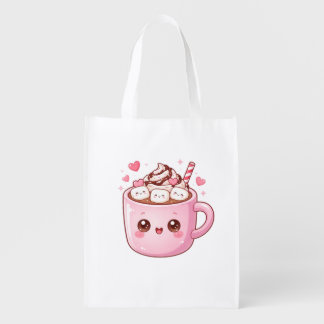 Cute Kawaii Hot Chocolate Mug with Marshmallows Grocery Bag