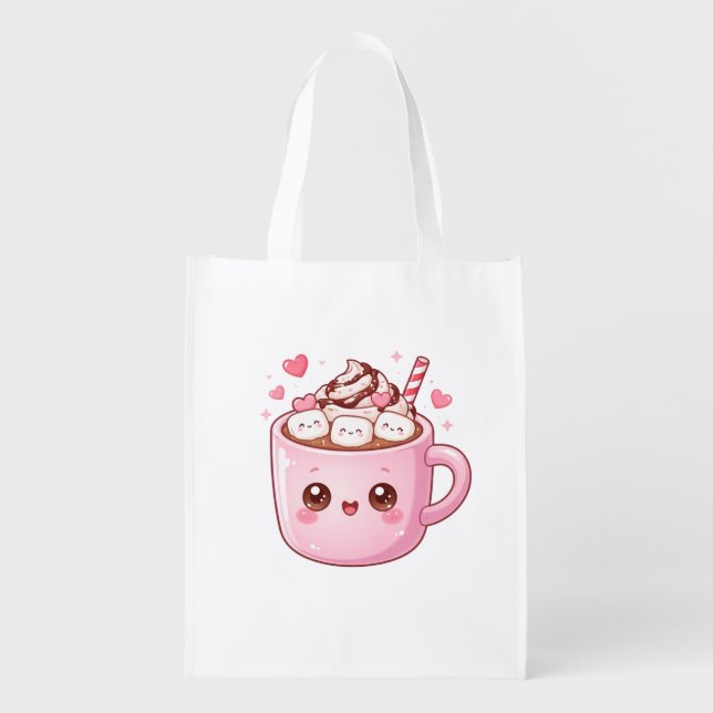 Cute Kawaii Hot Chocolate Mug with Marshmallows Grocery Bag (Front)