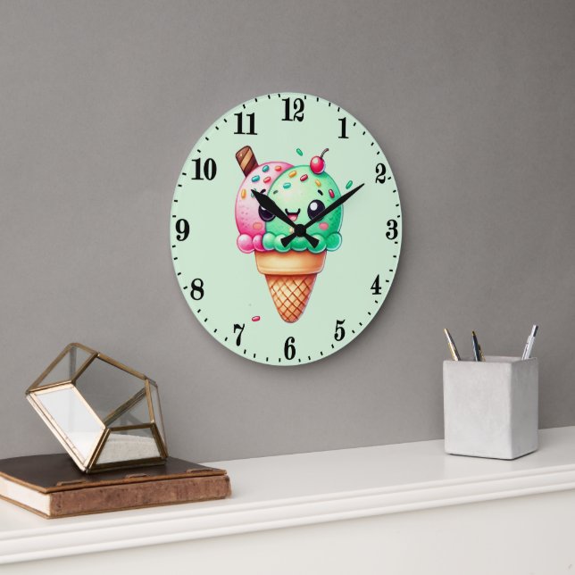 Cute Kawaii ice cream  Large Clock (Office)