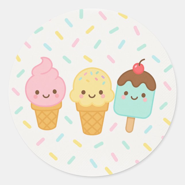 Cute Kawaii Ice Cream Party Plate Classic Round Sticker (Front)