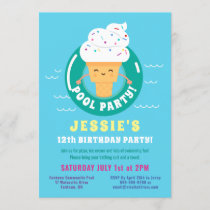 Cute Kawaii Ice Cream Pool Party Kids Birthday Invitation