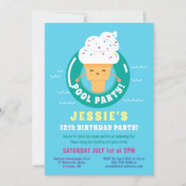 Cute Kawaii Ice Cream Pool Party Kids Birthday Invitation