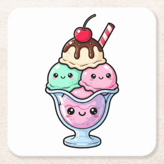 Cute Kawaii Ice Cream Sundae Square Paper Coaster