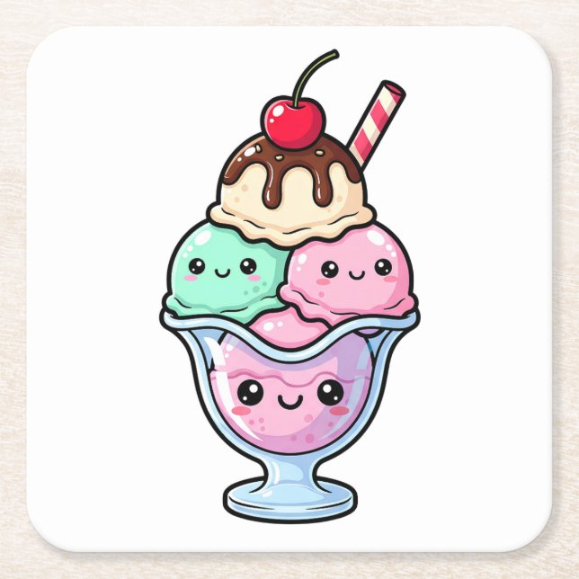 Cute Kawaii Ice Cream Sundae Square Paper Coaster (Front)