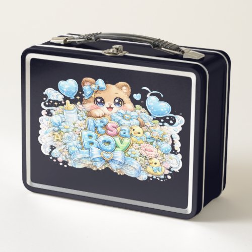 Cute Kawaii It's a Boy Teddy Bear Pastel Blue Newb Metal Lunch Box