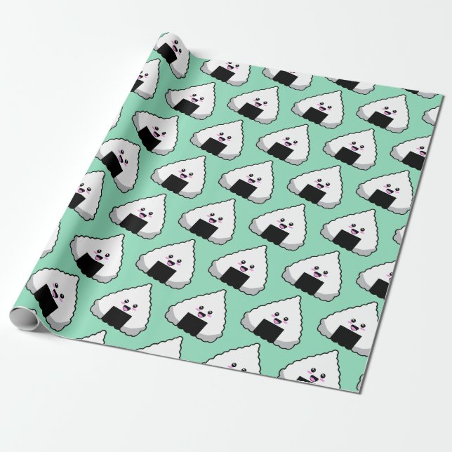 Cute Kawaii Japanese Onigiri Sushi Food Pattern Wrapping Paper (Unrolled)