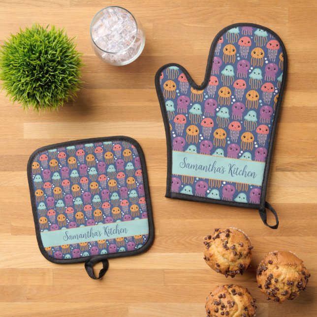 Cute Kawaii Jellyfish Personalized Oven Mitt & Pot Holder Set (Top Down)