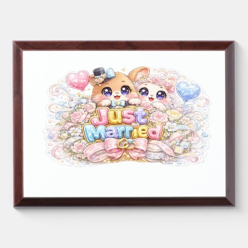 Cute Kawaii Just Married Couple Animals Pastel Pin Award Plaque