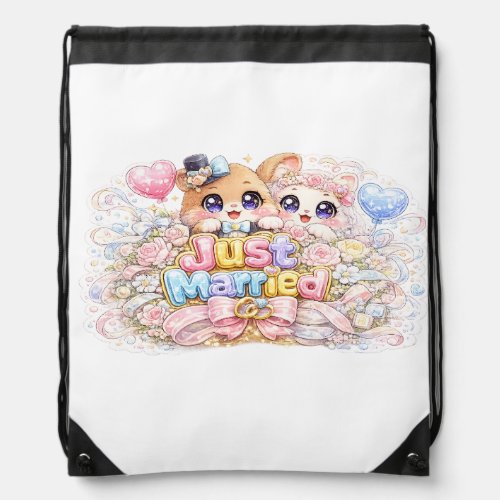 Cute Kawaii Just Married Couple Animals Pastel Pin Drawstring Bag
