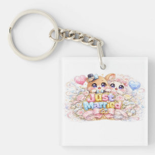Cute Kawaii Just Married Couple Animals Pastel Pin Keychain