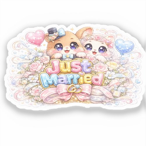 Cute Kawaii Just Married Couple Animals Pastel Pin Sticker