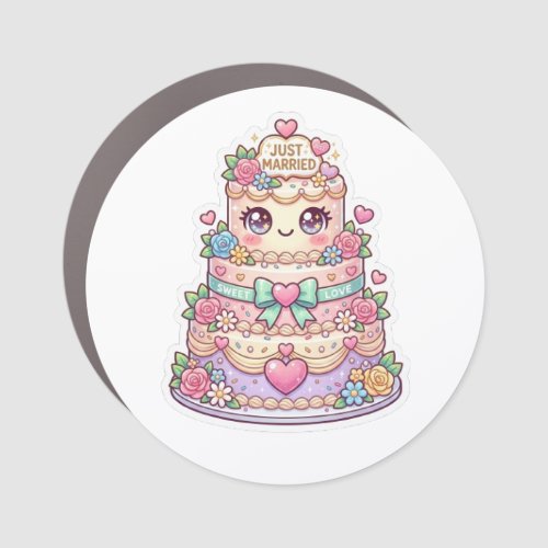 Cute Kawaii Just Married Wedding Cake Pastel Flora Car Magnet