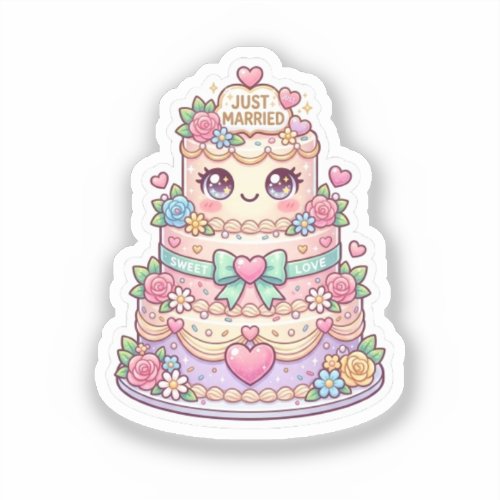 Cute Kawaii Just Married Wedding Cake Pastel Flora Sticker