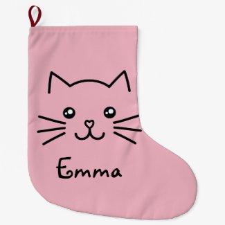 Cute Kawaii Kitten Cat Face With Pink Heart Nose Large Christmas Stocking