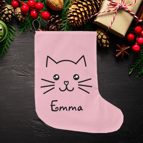 Cute Kawaii Kitten Cat Face With Pink Heart Nose Large Christmas Stocking