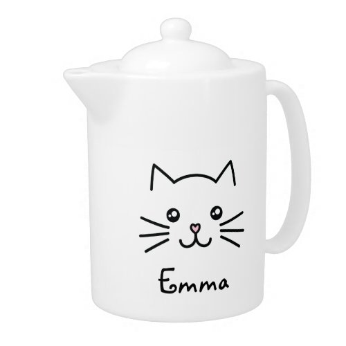 Cute Kawaii Kitten Cat Face With Pink Heart Nose Teapot