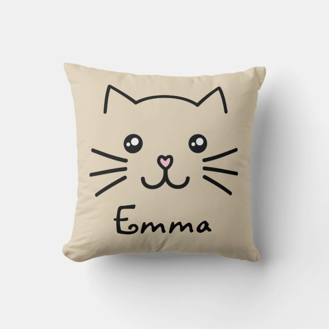Cute Kawaii Kitten Cat Face With Pink Heart Nose Throw Pillow (Front)