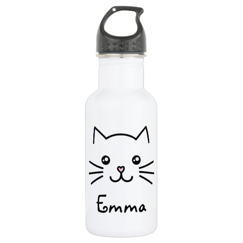 Cute Kawaii Kitten Cat Face With Pink Heart Nose Water Bottle