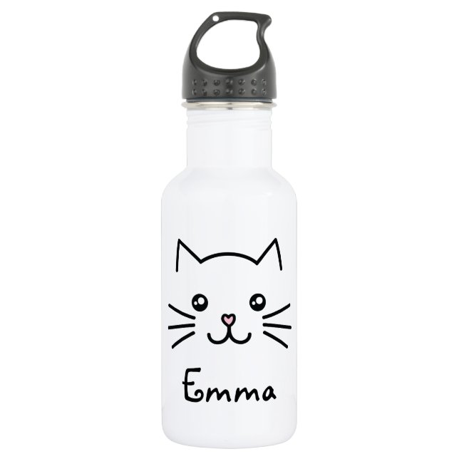 Cute Kawaii Kitten Cat Face With Pink Heart Nose Water Bottle (Front)