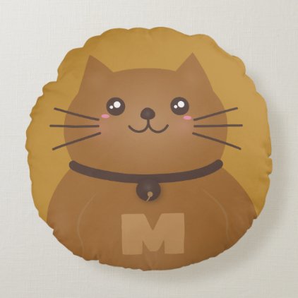 Cute Kawaii Kitten Cat Lover Whimsical Monogram Round Pillow