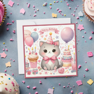 Cute Kawaii Kitten Celebrating Happy Birthday Card