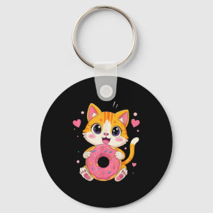 Cute Kawaii Kitten Holding Donut Funny Graphic Keychain