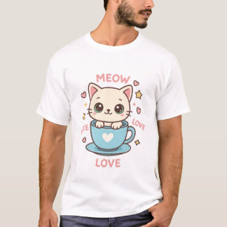 Cute Kawaii Kitten in Blue Teacup - Meow Love T-Shirt