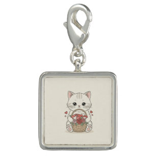 Cute Kawaii Kitten Rose Heart Basket Illustration Charm