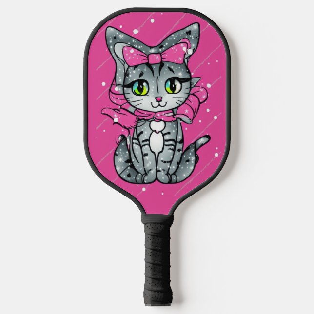 Cute Kawaii Kitten with a Glitter Pink Background  Pickleball Paddle (Front)