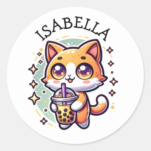 Cute Kawaii Kitten with Bubble Tea Personalized Classic Round Sticker