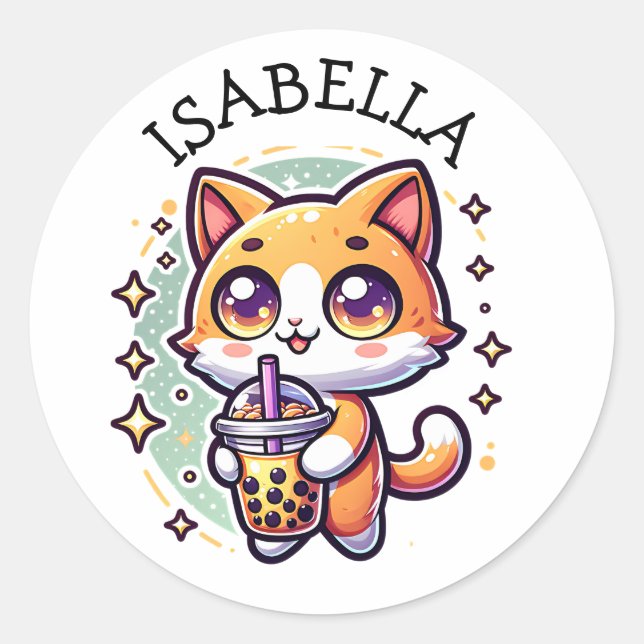 Cute Kawaii Kitten with Bubble Tea Personalized Classic Round Sticker (Front)