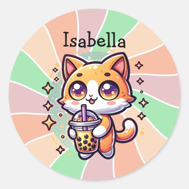 Cute Kawaii Kitten with Bubble Tea Personalized Classic Round Sticker (Front)