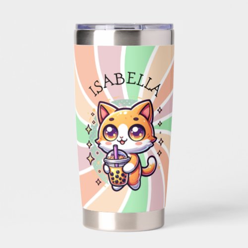 Cute Kawaii Kitten with Bubble Tea Personalized Insulated Tumbler