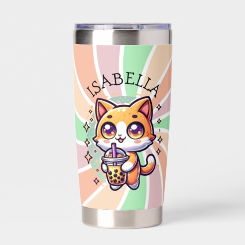 Cute Kawaii Kitten with Bubble Tea Personalized Insulated Tumbler