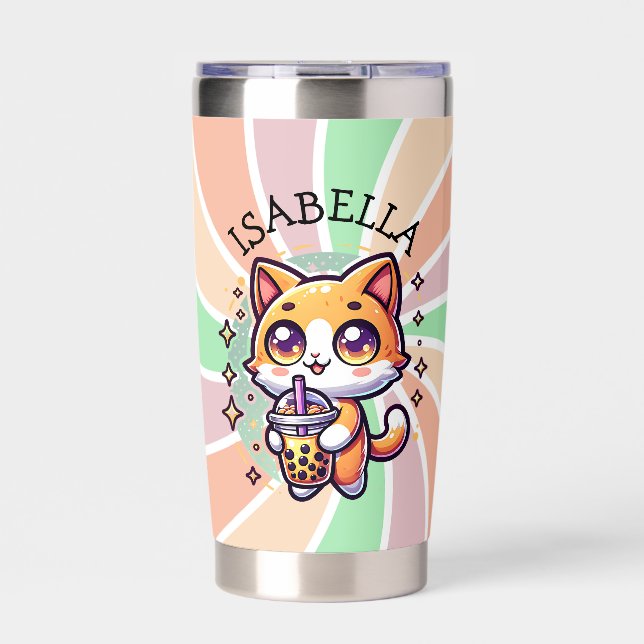 Cute Kawaii Kitten with Bubble Tea Personalized Insulated Tumbler (Front)