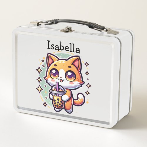 Cute Kawaii Kitten with Bubble Tea Personalized Metal Lunch Box