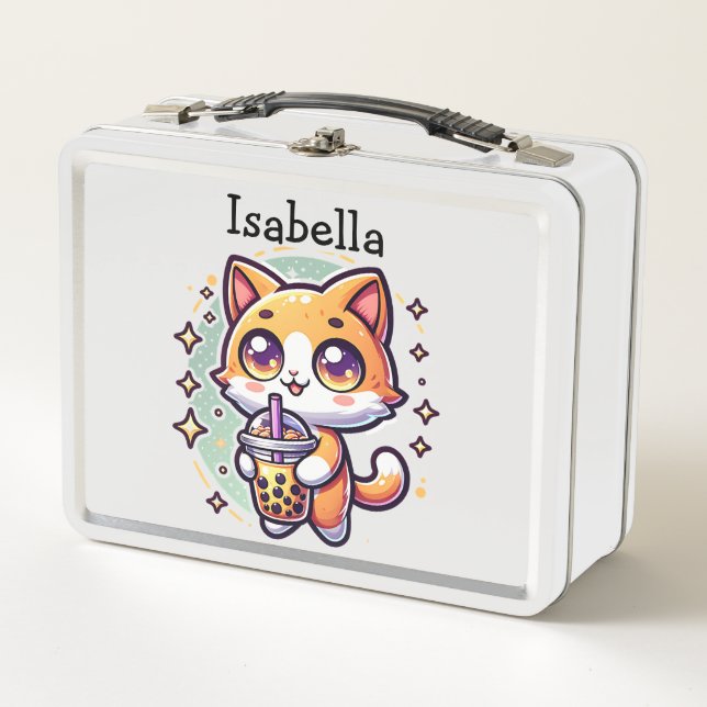 Cute Kawaii Kitten with Bubble Tea Personalized Metal Lunch Box (Front)
