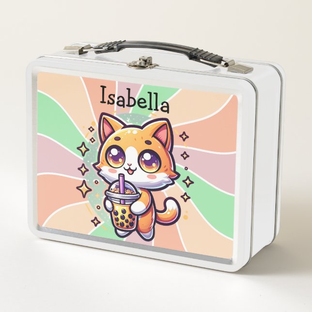 Cute Kawaii Kitten with Bubble Tea Personalized Metal Lunch Box (Front)