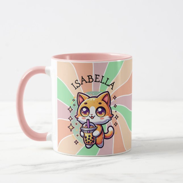 Cute Kawaii Kitten with Bubble Tea Personalized Mug (Left)