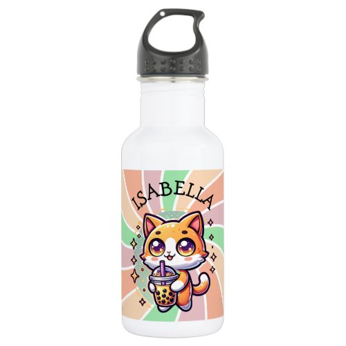 Cute Kawaii Kitten with Bubble Tea Personalized Stainless Steel Water Bottle