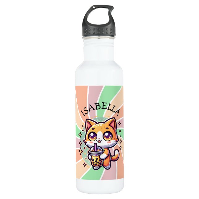 Cute Kawaii Kitten with Bubble Tea Personalized Stainless Steel Water Bottle (Front)