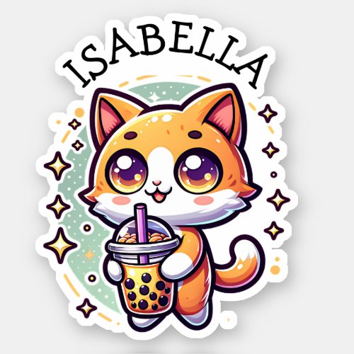Cute Kawaii Kitten with Bubble Tea Personalized Sticker
