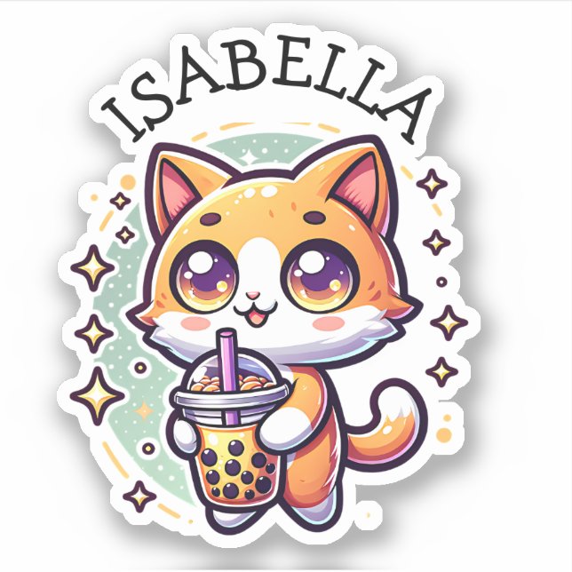 Cute Kawaii Kitten with Bubble Tea Personalized Sticker (Front)
