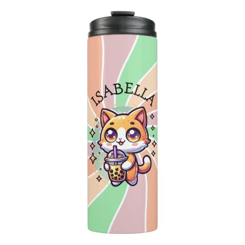 Cute Kawaii Kitten with Bubble Tea Personalized Thermal Tumbler