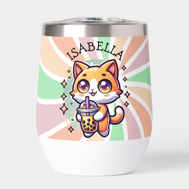 Cute Kawaii Kitten with Bubble Tea Personalized Thermal Wine Tumbler (Front)
