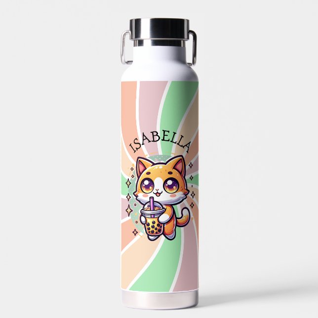 Cute Kawaii Kitten with Bubble Tea Personalized Water Bottle (Front)